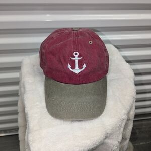 Red Beige Anchor Nautical Adjustable Ball Cap Hat Preppy